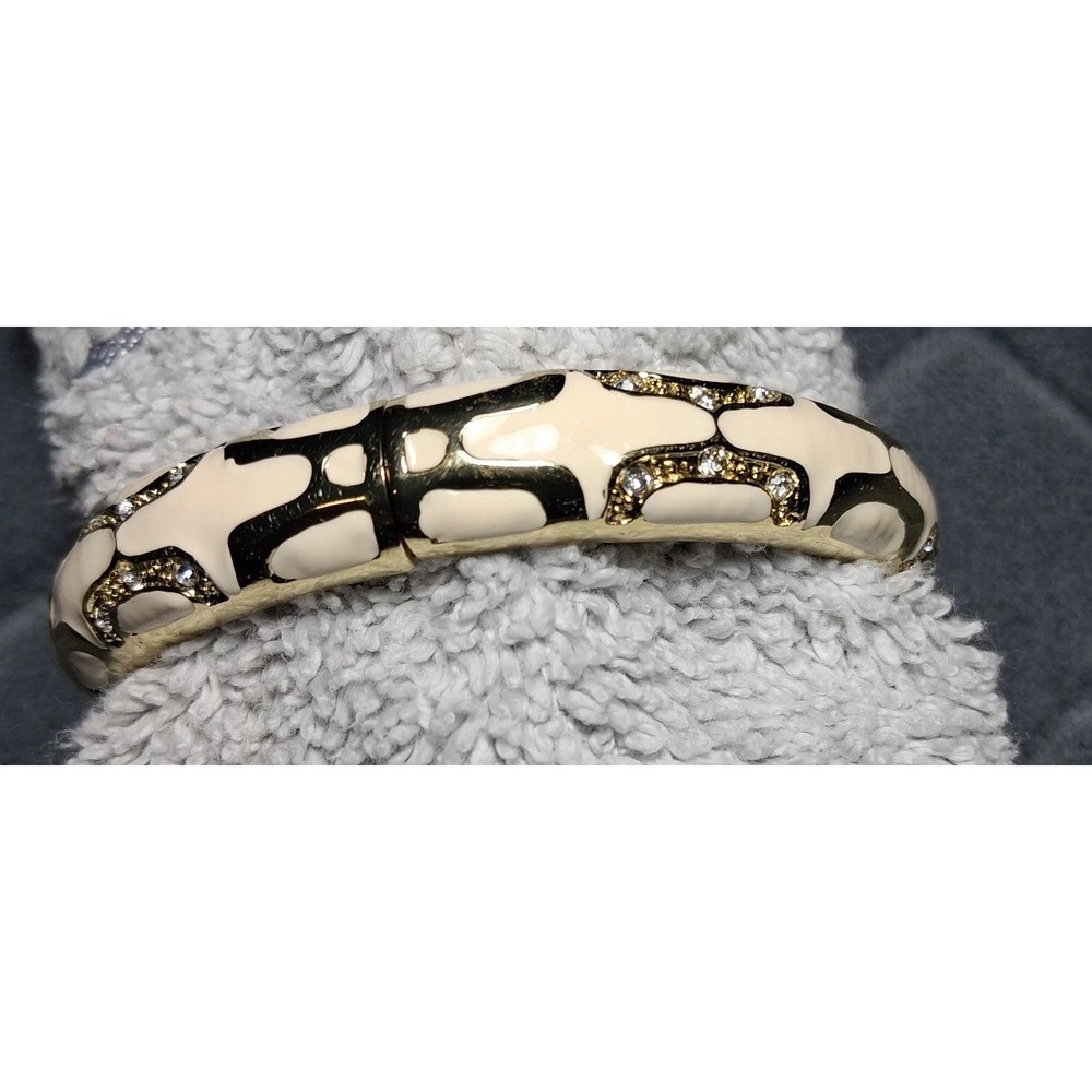 Gold Tone Cream Enamel Rhinestone Hinge Bangle Bracelet Abstract Pattern Womens